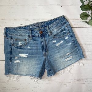 American Eagle Boy Midi Distressed Denim Shorts